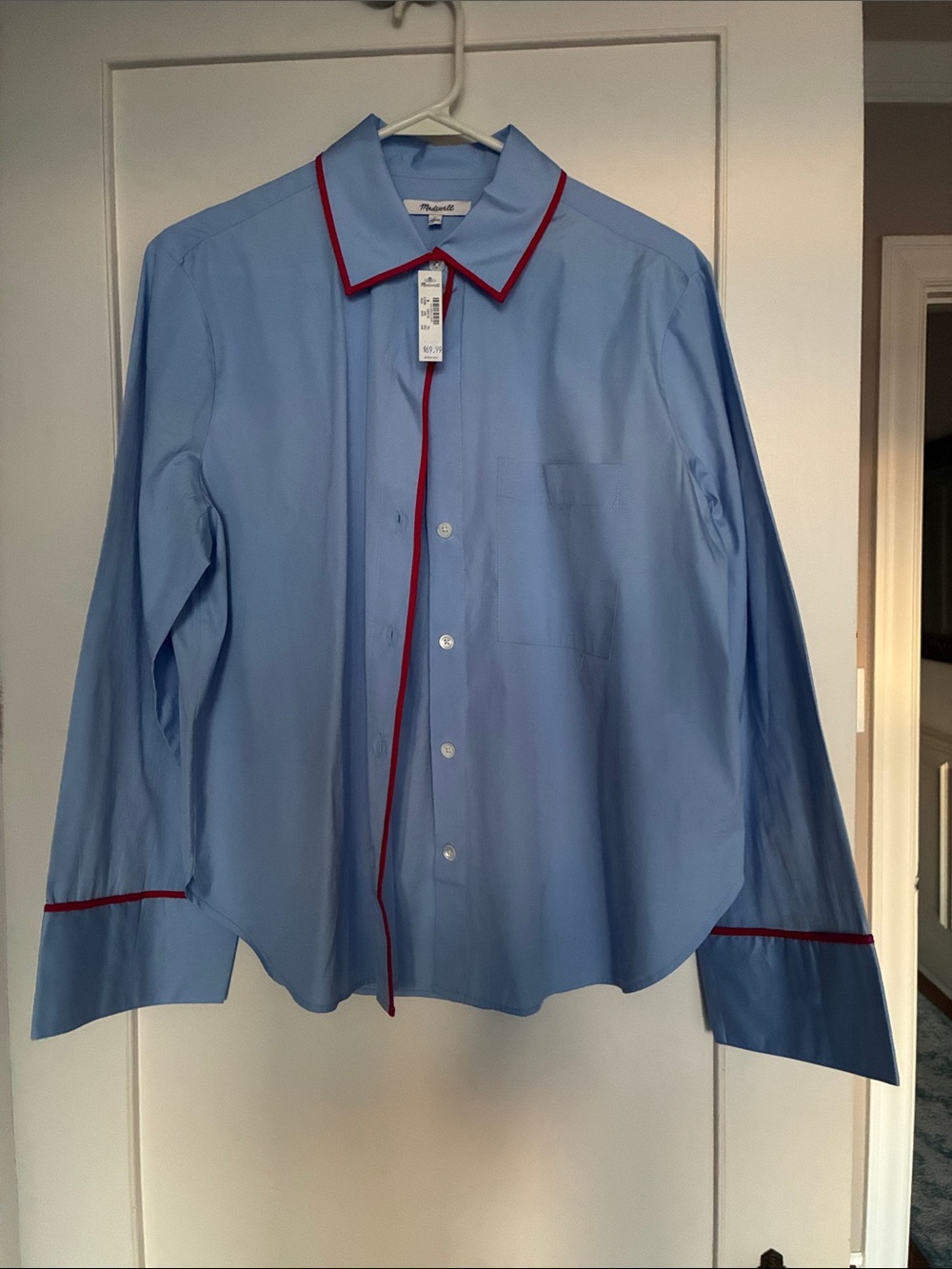 Madewell The Signature Y-Neck Shirt NZ419 Tranquil Blue Piping Button-Up M NWT